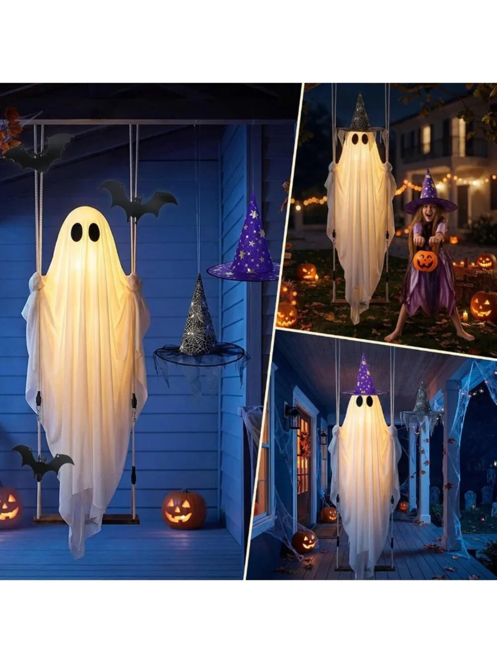 11 FT Light-Up Swinging Ghost Decor with Bat & Hat - Outdoor Halloween Yard